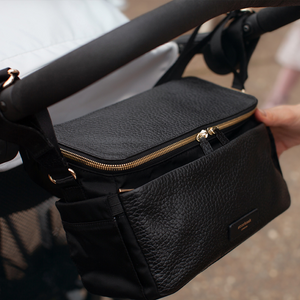 Large Black Stroller Bag leather with Shoulder straps.  Matching Black Nappy Bag Storksak