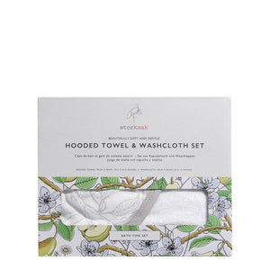 baby hooded towel and washcloth in garden print in box | super soft bamboo terry towel and flannel  | Storksak – Award-winning Baby Changing Bags & Accessories