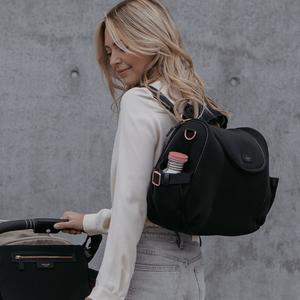 ULTIMATE BUNDLE: Poppy Luxe Nappy Bag, Cabin Bag & Stroller Organiser Black Scuba & Rose Gold