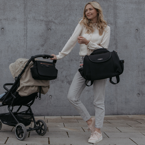 ULTIMATE BUNDLE: Poppy Luxe Nappy Bag, Cabin Bag & Stroller Organiser Black Scuba & Rose Gold