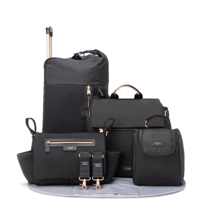 ULTIMATE BUNDLE: St James Nappy Bag, Cabin Bag & Stroller Organiser Black Scuba & Rose Gold