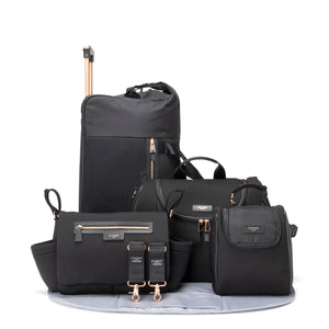 ULTIMATE BUNDLE: Poppy Luxe Nappy Bag, Cabin Bag & Stroller Organiser Black Scuba & Rose Gold