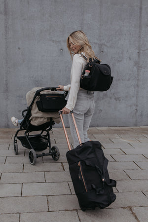 ULTIMATE BUNDLE: Poppy Luxe Nappy Bag, Cabin Bag & Stroller Organiser Black Scuba & Rose Gold