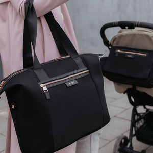 Black scuba nappy bag backpack shoulder bag matching pram stroller organiser rose gold Storksak Baby Nappy Bags