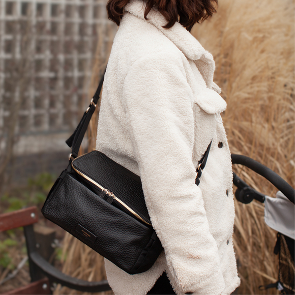Large Black Stroller Bag leather with Shoulder straps.  Matching Black Nappy Bag Storksak