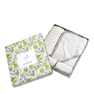 Bundle of Joy Gift Set for new baby in Bamboo and cotton with raindot print in box | muslin swaddle hooded towel and washcloth | Storksak – Award-winning Baby Nappy Bags & Accessories